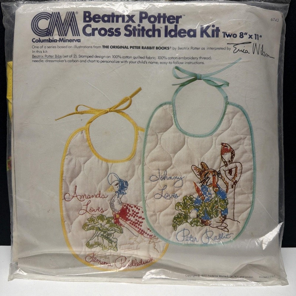 Beatrix Potter PETER RABBIT BIBS Stamped Cross Stitch Kit Columbia Minerva 1977